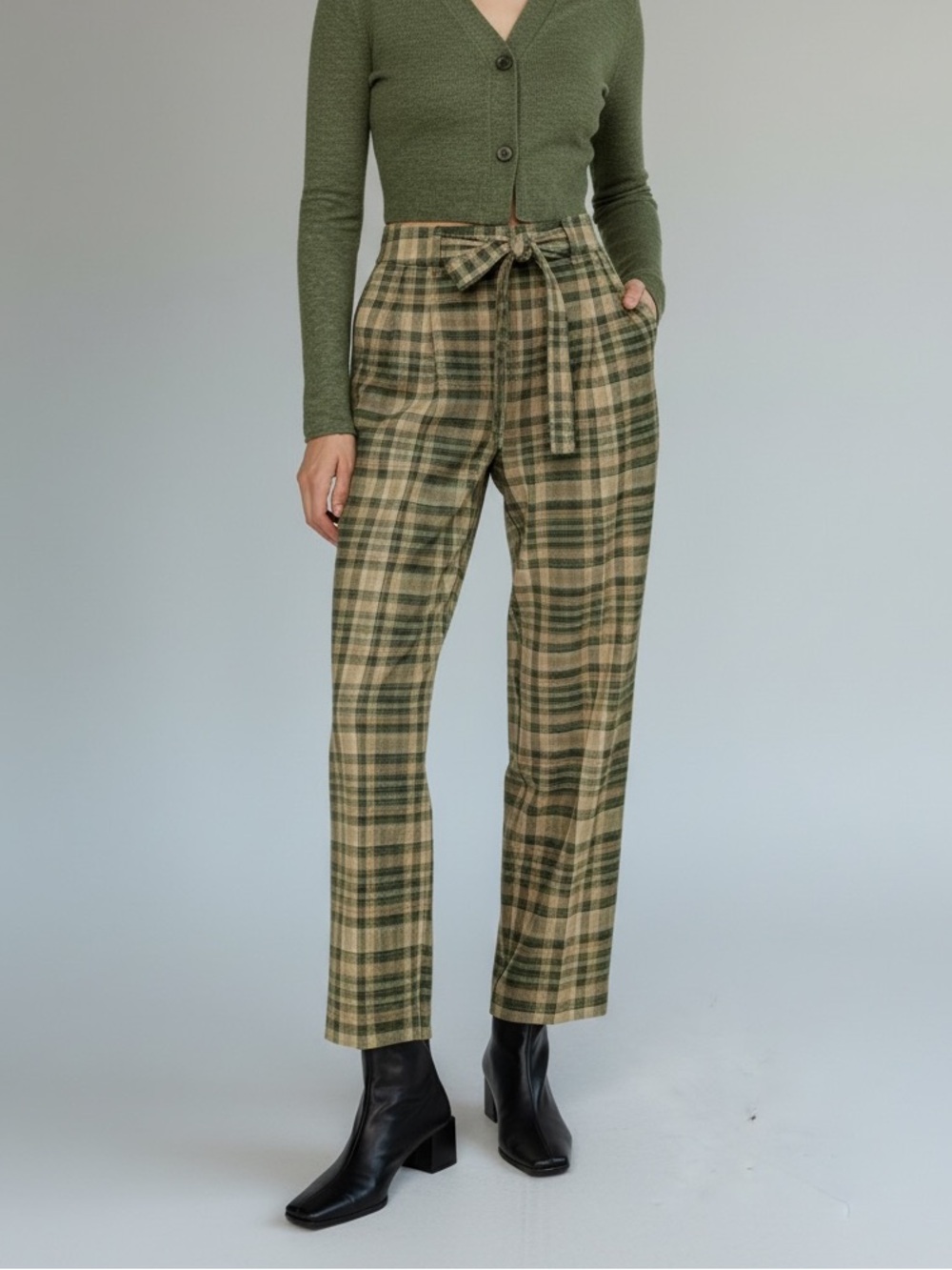 Aritziaw Wilfred Tie Front Green Plaid Pants Size 8 High Rise Removable Tie Bel